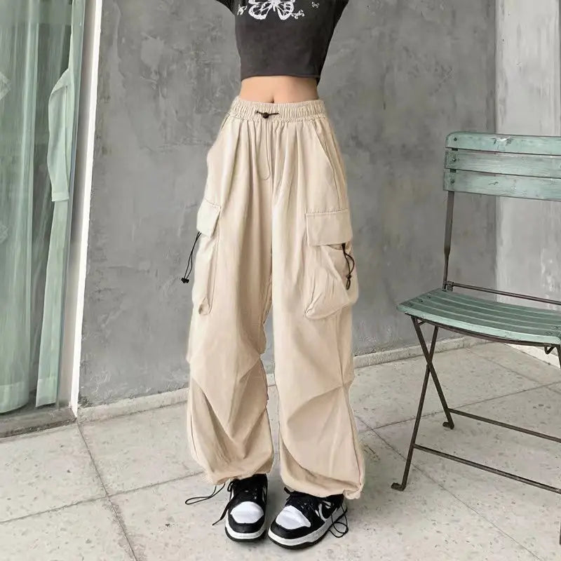 Women Casual Joggers Tech Pants Solid Low Waist Pants Drawstring Wide Leg Baggy Trousers Y2k Streetwear Oversize Sweatpants