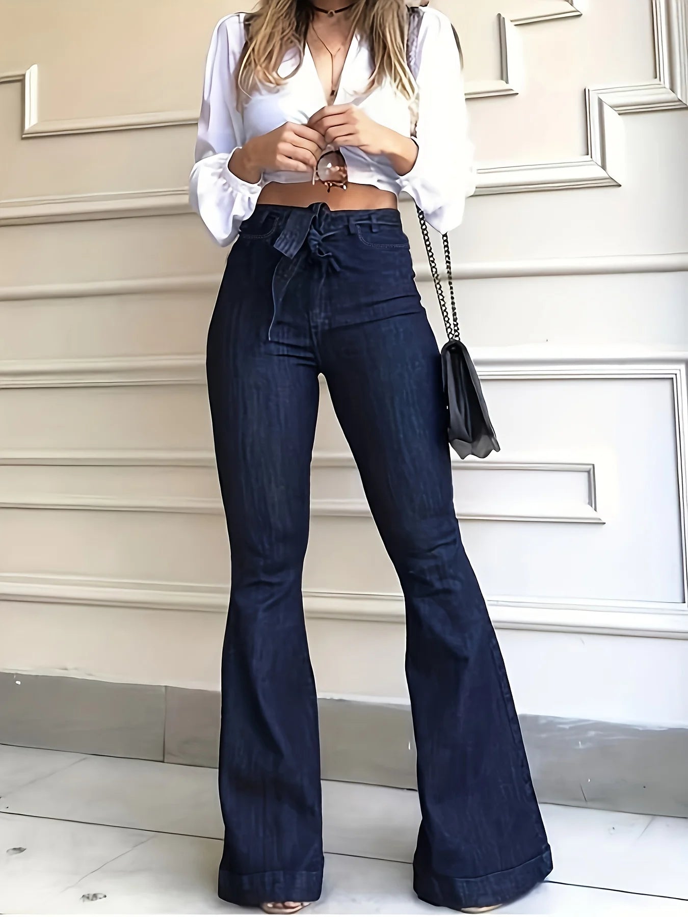 Navy Blue Flared Jeans Autumn, High-Stretch With Waistband Bell Bottom Wide Legs Denim Pants, Women's Denim Jeans & Clothing