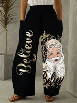 Ladies'Casual Pants Santa Claus Reindeer Print Elastic Waistband Pockets Casual Loose Pants Street Fashion Women's Clothing