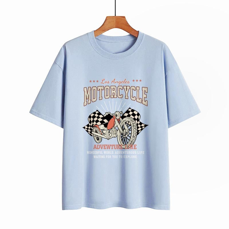 Street Retro Motorcycle Letter Print Collarless Loose Women's T-Shirt