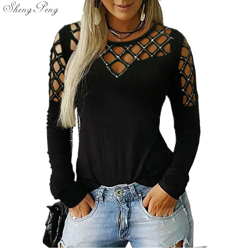 Fashion Hollow Bling Blouse Casual Sexy Rhinestone Solid Top Female Women Tops Long Sleeve Shirt Blusa Pullover 5XL V1755