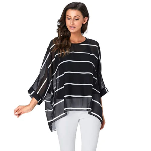 4XL 5XL 6XL Plus Size Blouse Shirt Women New Striped Print Summer Tops Tees Batwing Sleeve Casual Chiffon Blouses