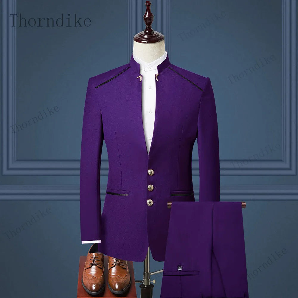 Thorndike Men Suit Chinese Style Stand Collar Blazer Male Wedding Groom Slim Fit Standerd Size Blazer Set Tuxedo(Jacket+Pant)