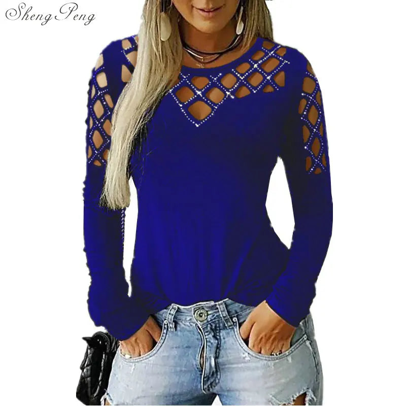 Fashion Hollow Bling Blouse Casual Sexy Rhinestone Solid Top Female Women Tops Long Sleeve Shirt Blusa Pullover 5XL V1755