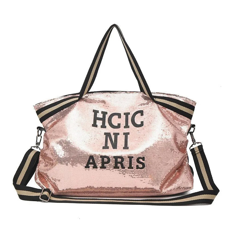 Casual Women Bling Sequins Shoulder Bags Big Capacity Female Handbag For Lady Travel Large Tote Letter Printed Crossbody Bags