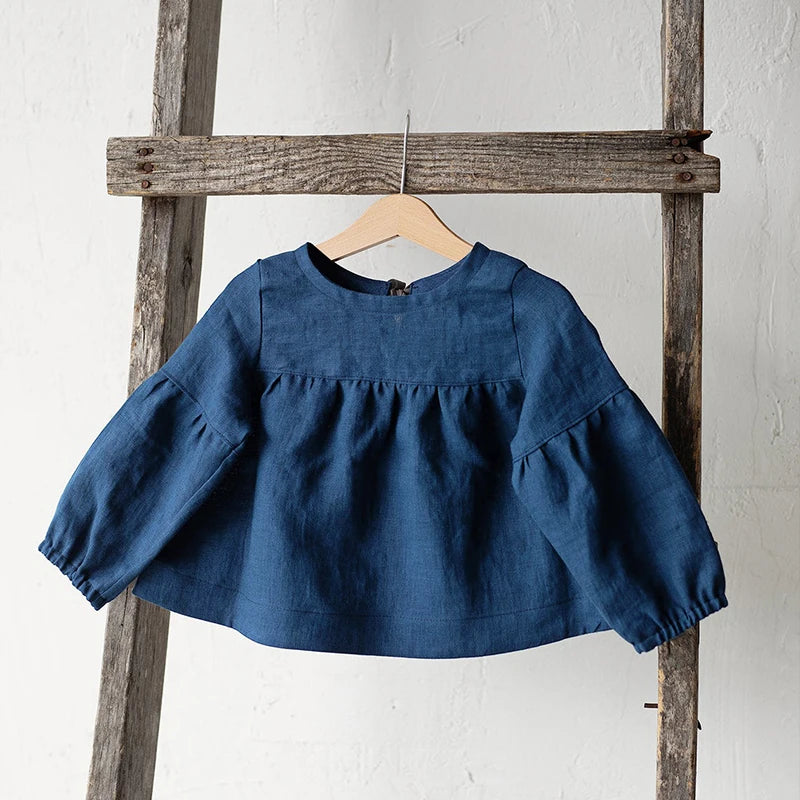 Chic Back Bow Tie Linen Shirt Girls New Solid Color Casual Loose Baby Kids Long-Sleeved Blouse Autumn Clothes