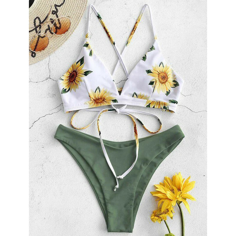 Sunflower Printed Bikini Set Sexy Swimwear Women Mujer Push Up Padded Biquini Bathers Bandage Bathing Suit Swimsuit Bikini