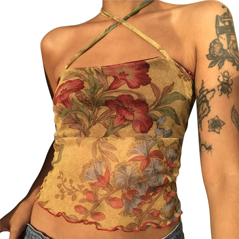 Lamuusaa y2k Tops for Women Sheer Floral Print Slim Fit Spaghetti Strap Sleeveless Mesh Halter Vest 2000s Clothes Streetwear