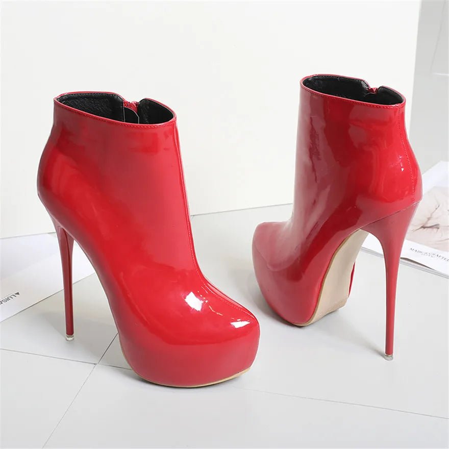 Big Size 35-47 Patent Leather Women Boots Round Toe Side Zipper Super High Heels 16CM Pumps Sexy Platform Party Shoes Woman