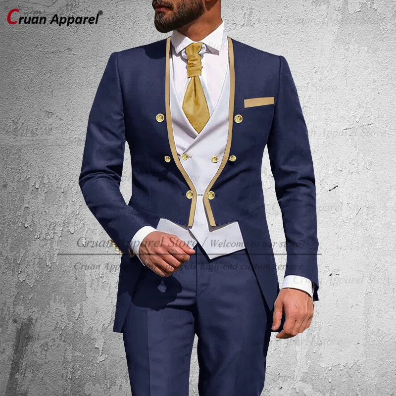 Latest Royal Blue Suit Men 3Pcs Slim Fit Wedding Best Man Groom Tuxedo Double Breasted Gold Trim Jacket Vest Pants Set Tailcoat