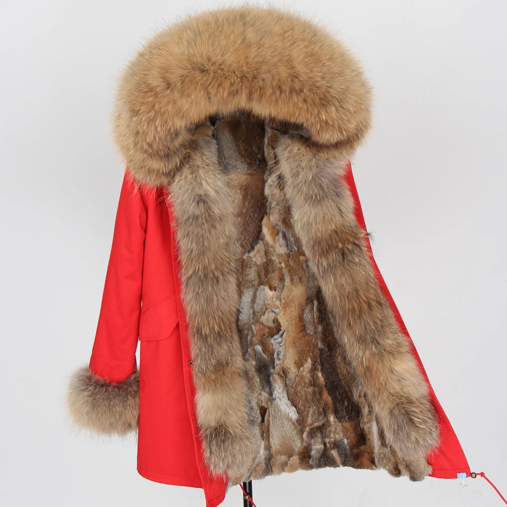 Maomaokong Winter Women Real Fur Coat Long Rabbit Fur Lining hooded Parka Large Raccoon Fur Collar Thick Warm Jacket