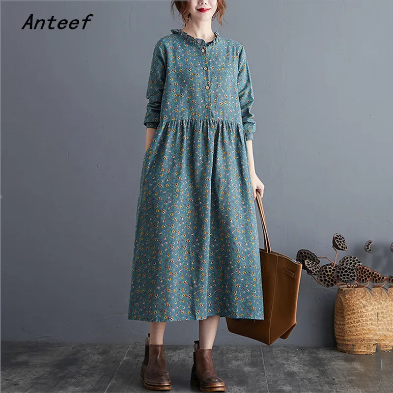 long sleeve cotton linen ruffle vintage floral new in dresses for women casual loose spring autumn dress elegant clothing