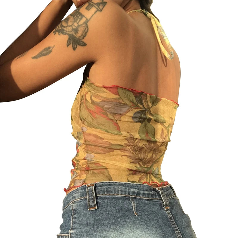 Lamuusaa y2k Tops for Women Sheer Floral Print Slim Fit Spaghetti Strap Sleeveless Mesh Halter Vest 2000s Clothes Streetwear