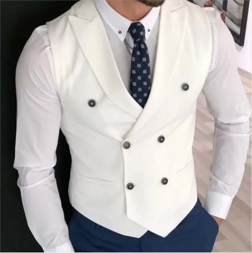 Men's Classic Double Breasted Suit Vest White Notch Lapel Waistcoat for Groomsmen for Wedding