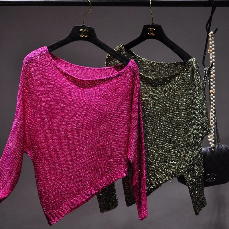 Sequins Inclined Shoulder Off-the-shoulder Sexy Long-sleeved Knitted T-shirt Short Version Sets Bright Gold Silk Blouse Fall