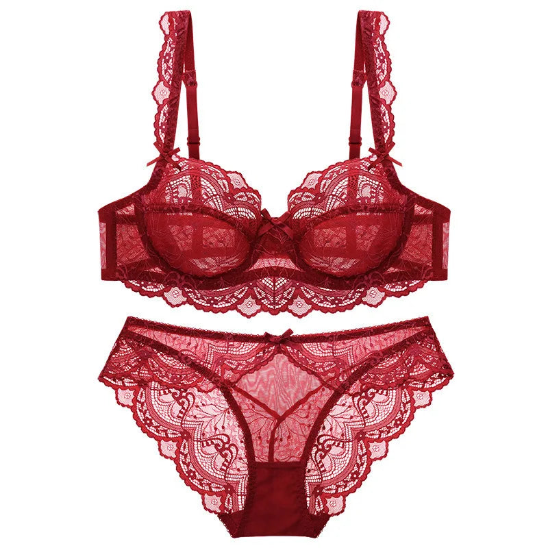 New Style ABCDE Cup Bra Sets Ultra-Thin Transparent Flower High-Quality Push Up Underwear Suit Plus Size Lingerie