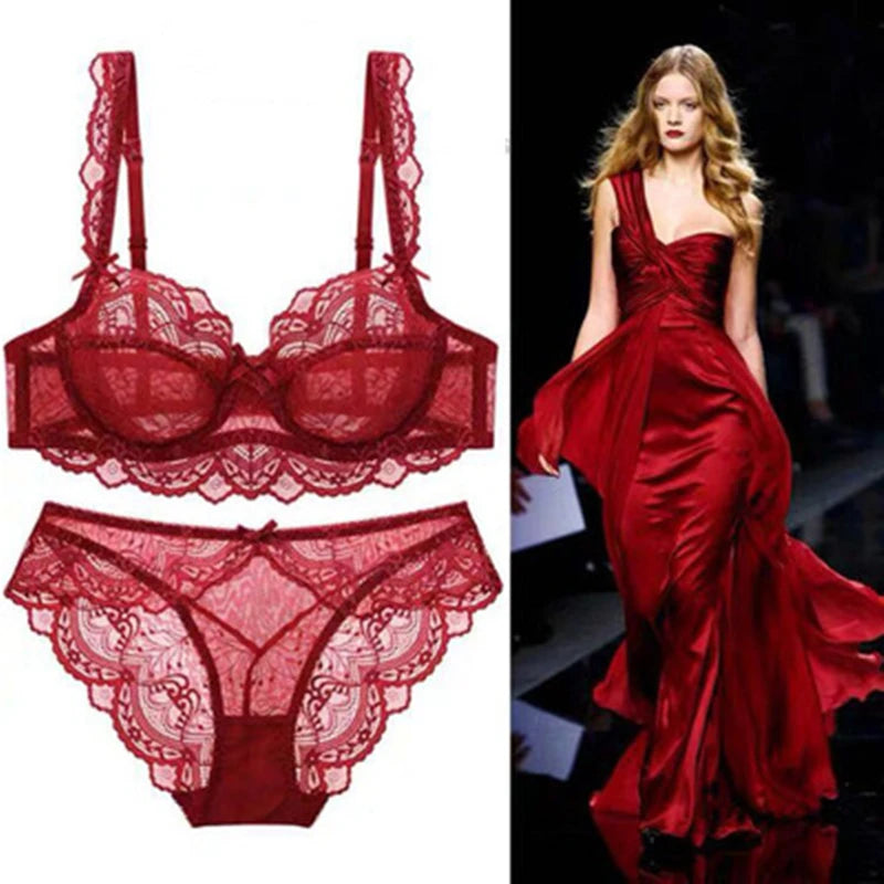 New Style ABCDE Cup Bra Sets Ultra-Thin Transparent Flower High-Quality Push Up Underwear Suit Plus Size Lingerie