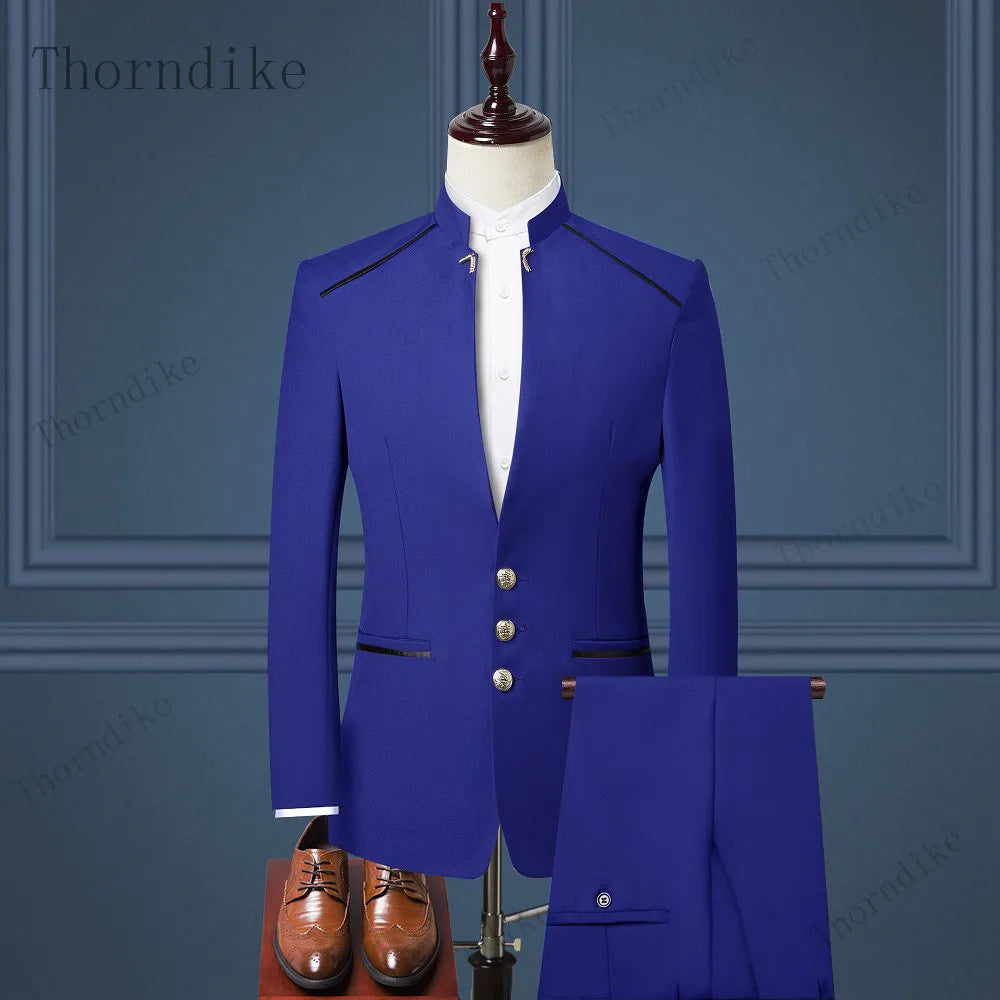 Thorndike Men Suit Chinese Style Stand Collar Blazer Male Wedding Groom Slim Fit Standerd Size Blazer Set Tuxedo(Jacket+Pant)