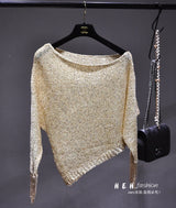 Sequins Inclined Shoulder Off-the-shoulder Sexy Long-sleeved Knitted T-shirt Short Version Sets Bright Gold Silk Blouse Fall