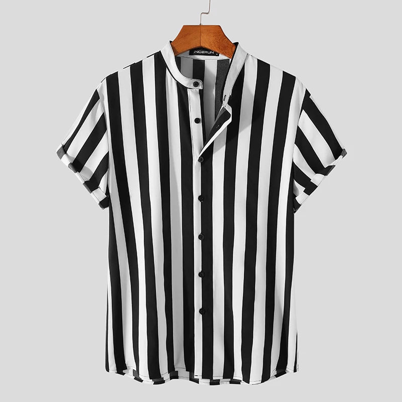 INCERUN Men Striped Shirt Stand Collar Short Sleeve Casual Men Clothing Harajuku Streetwear Summer Leisure Shirts S-5XL