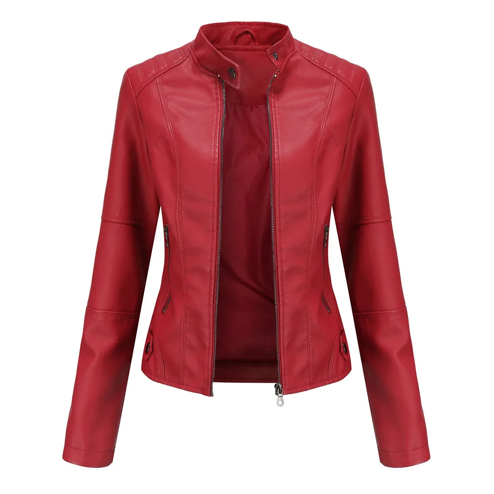 Spring / Autumn New Style Gules Leather Jacket Women's Fashionable Trim Motorcycle Women Coat Black Purple Brown S-4XL