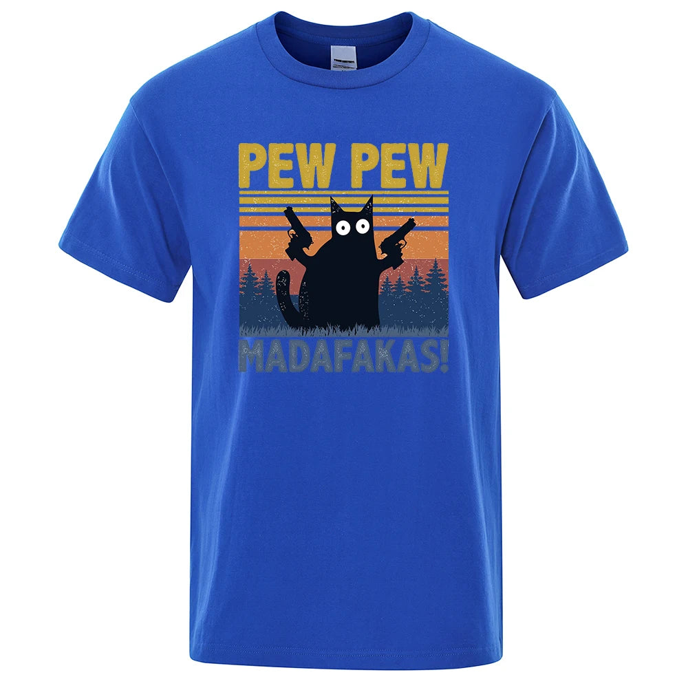 Pew Pew Madafakas Tshirt Men Short Sleeve Novelty Funny Cat T Shirt Cotton Oversize Tops Shirts Tee T-Shirt Crew Neck Streetwear