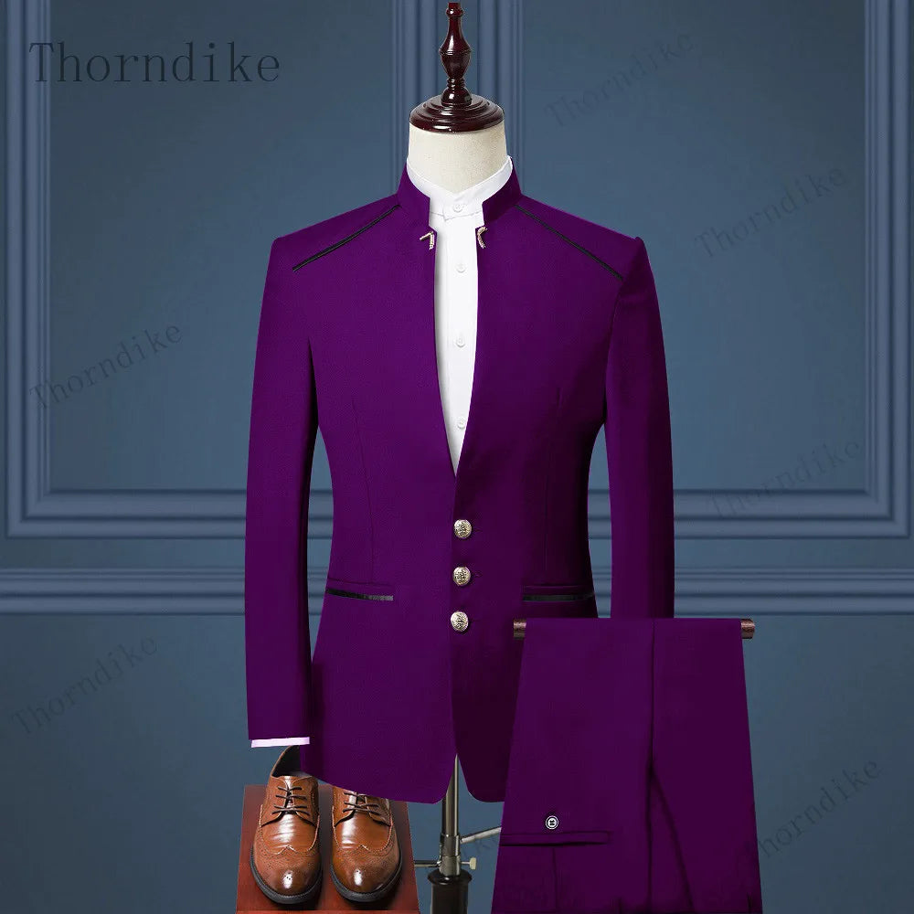 Thorndike Men Suit Chinese Style Stand Collar Blazer Male Wedding Groom Slim Fit Standerd Size Blazer Set Tuxedo(Jacket+Pant)