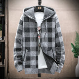 Men's New Winter Plaid Sweater Hooded Cardigan Cold Coat Wool Zipper Jacket Autumn Fleece Warm Clothes Checkered Knit Jumper