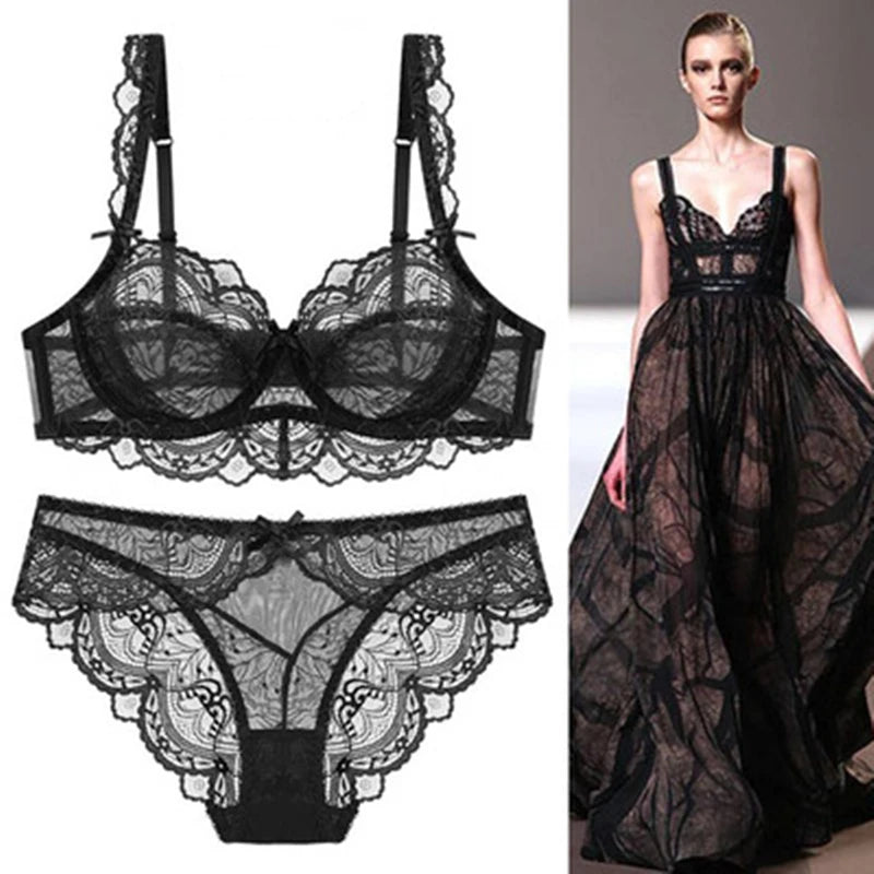 New Style ABCDE Cup Bra Sets Ultra-Thin Transparent Flower High-Quality Push Up Underwear Suit Plus Size Lingerie