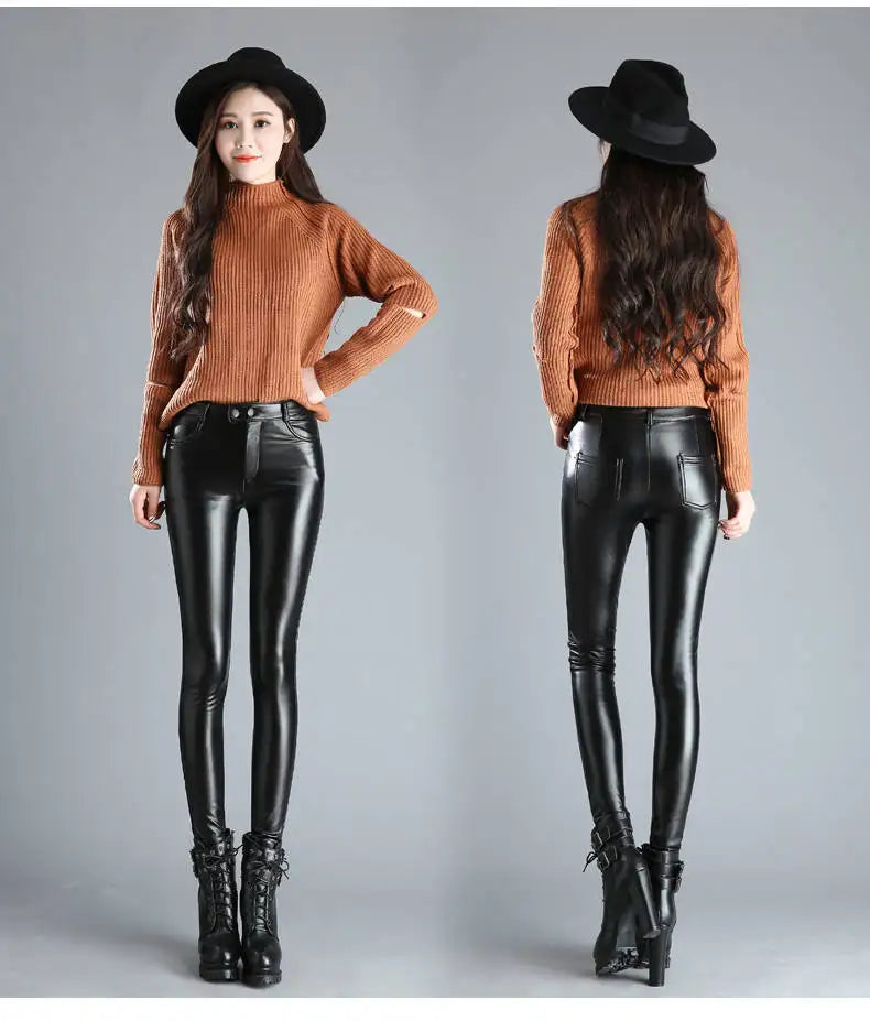 Stretch Skinny Leather Pants for Women Fleece Winter Velvet Casual Trousers Thick Warm Female Pencil Leggings Autumn High Waist