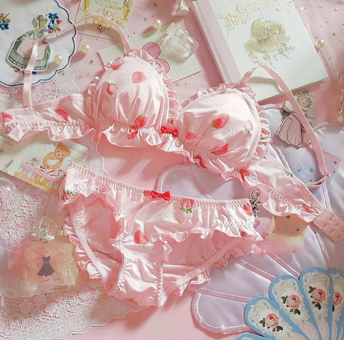 Strawberry Cute Japanese Milk Silk Bra & Panties Set Wirefree Soft Underwear Set Kawaii Lolita Bra and Panty Set Pink Lingerie