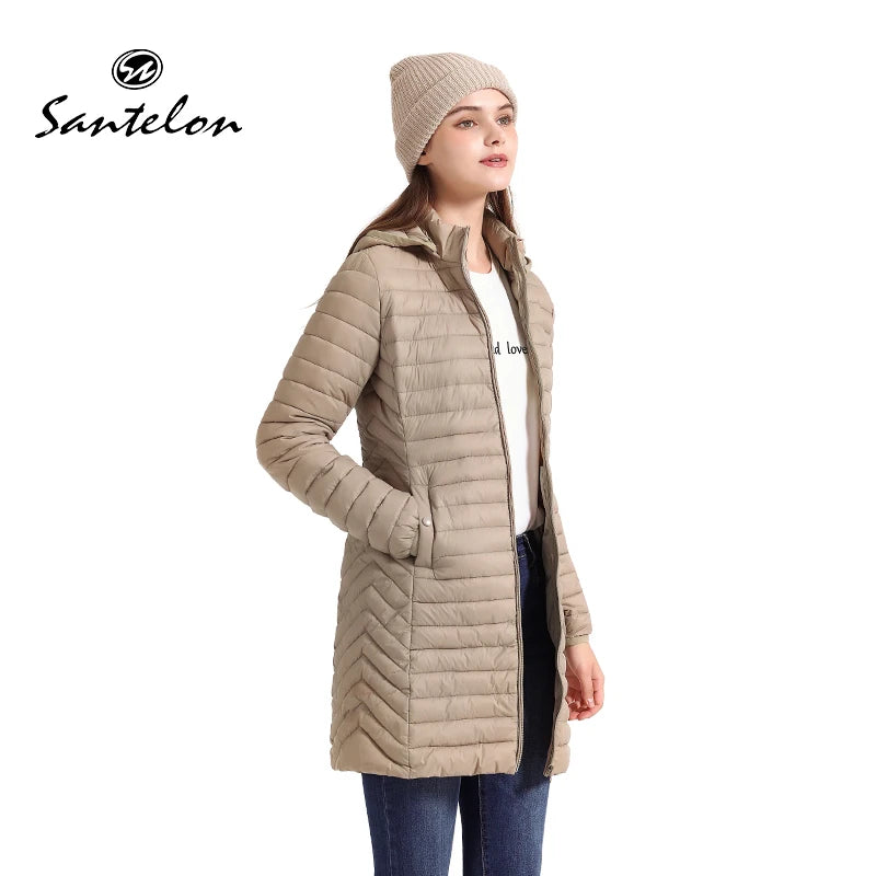 Santelon Women Long Warm Parka Coat With Hood Female Winter Outdoor Padded Cotton Clothes Ultralight Portable Outwear With Bag