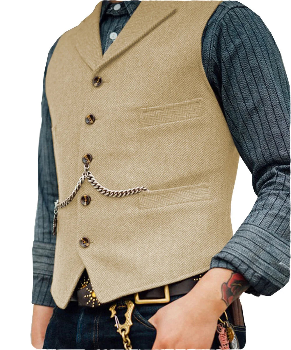 Business Mens Suit Vest Lapel V Neck Wool Herringbone Casual Brown Waistcoat Casual Formal Groomsman Jacket For Wedding