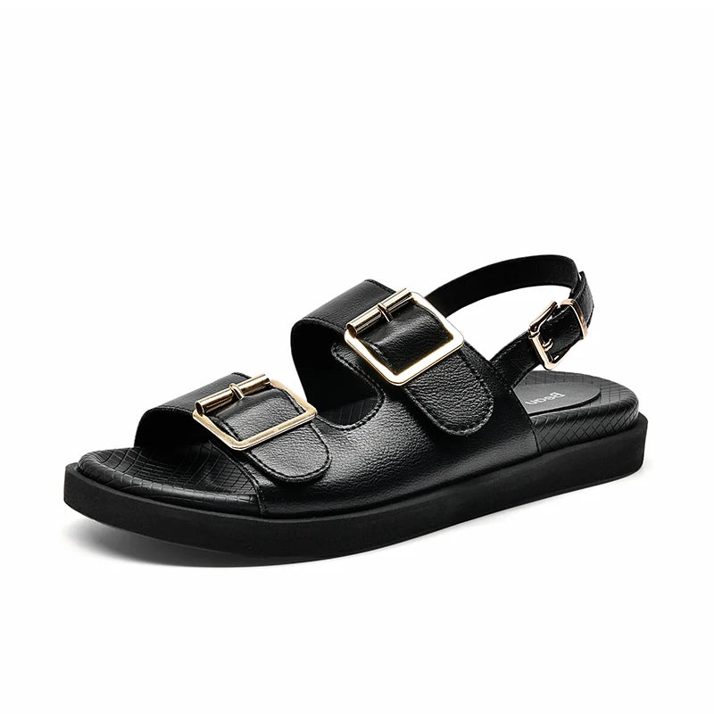 BeauToday Casual Sandals Women Genuine Leather Metal Ankle Buckle Strap Summer Beach Ladies Low Heel Sport Shoes