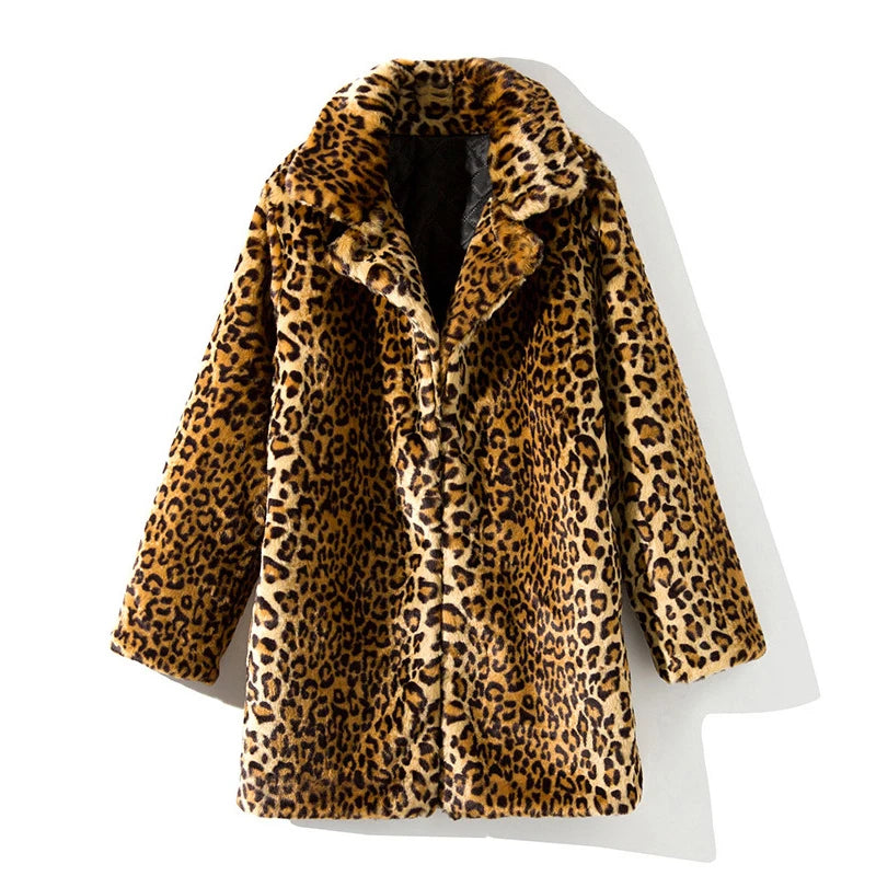 Fashion Women Faux Fur Leopard Print Coat Female Sexy All-Match Mid-Length Suit Collar Warm Outerwear