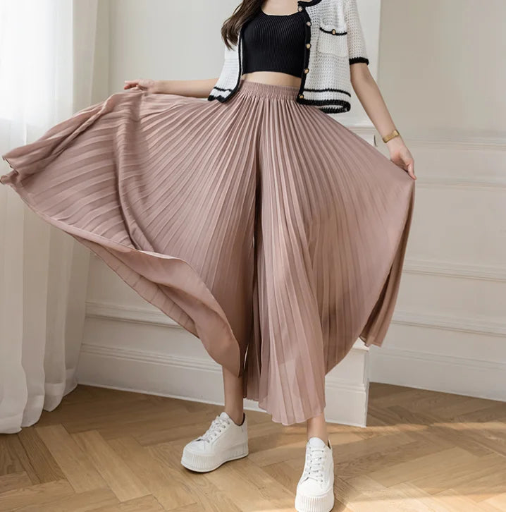 Women Elegant Chiffon High Waist Wide Leg Pants Casual Korean Fashion Pleated Loose Trousers Clothes Comodi Pantalones De Mujer