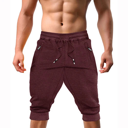 Casual Shorts 3/4 Jogger Capri Pants Men's Breathable Below Knee Outdoor Sports Gym Fitness Shorts with Zipper Pockets