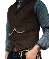 Business Mens Suit Vest Lapel V Neck Wool Herringbone Casual Brown Waistcoat Casual Formal Groomsman Jacket For Wedding