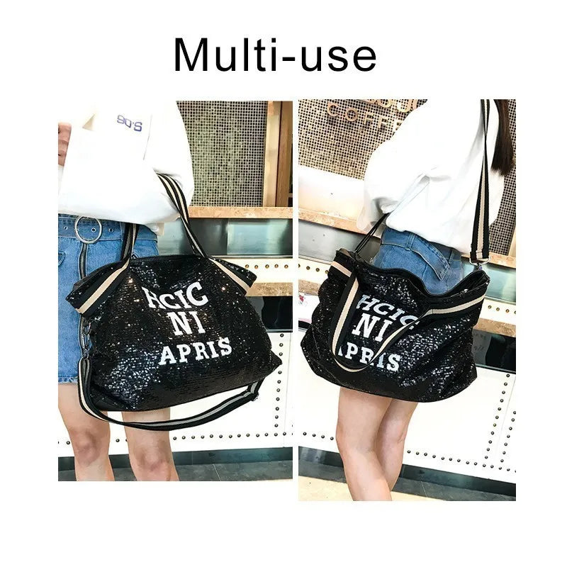 Casual Women Bling Sequins Shoulder Bags Big Capacity Female Handbag For Lady Travel Large Tote Letter Printed Crossbody Bags