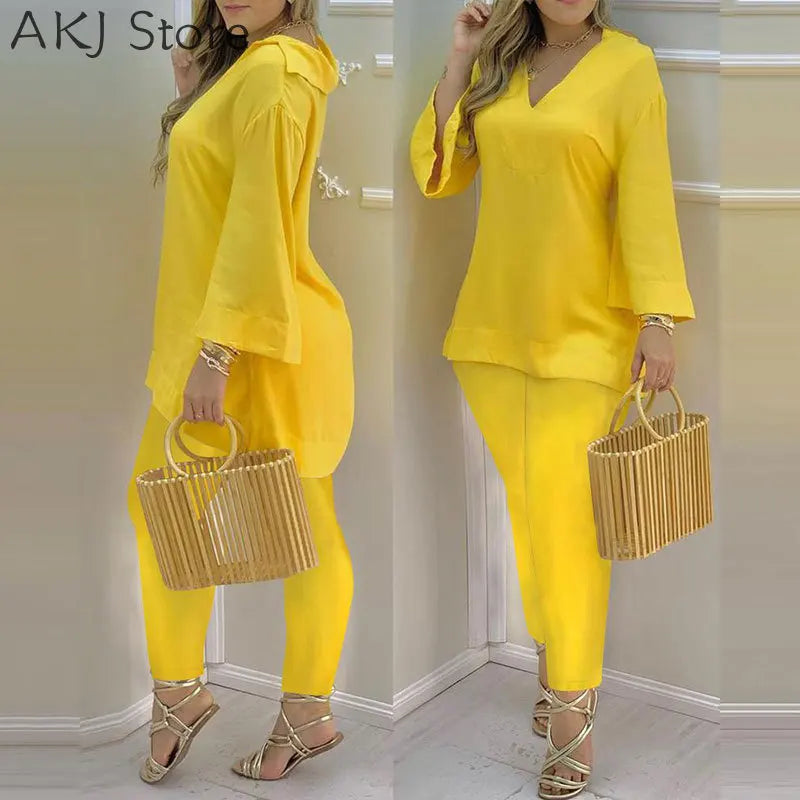 Summer Casaul Women Home Wear Solid Suit Sets Long Sleeve Plain Bell Sleeve V-Neck Top & Pants Set