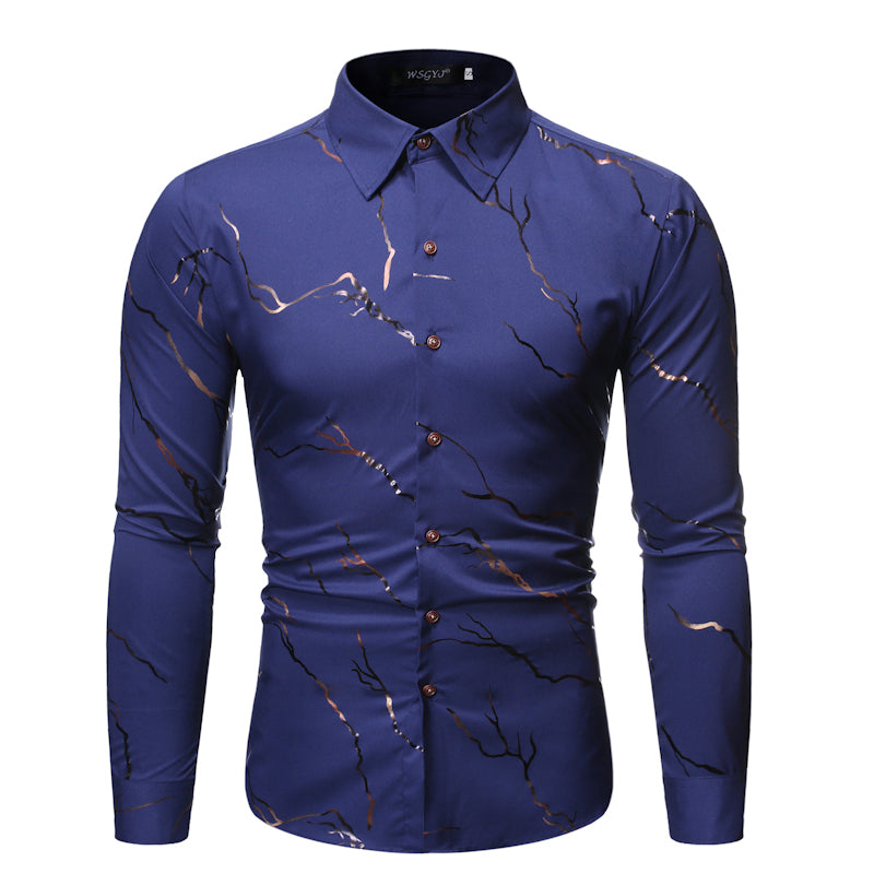 Men's Stand Collar Line Foil Print Long Sleeve Shirt