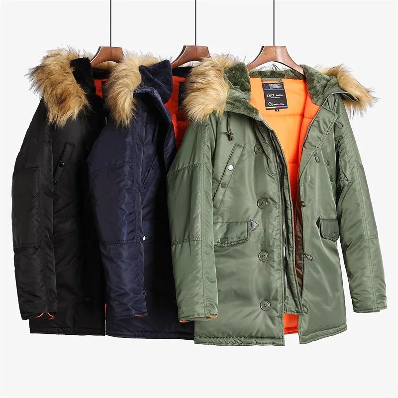 N-3B Winter ALASKA Coat Men Fur Hood Slim Fit Thick Parka Padded Military Jacket for Cold Weather