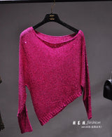 Sequins Inclined Shoulder Off-the-shoulder Sexy Long-sleeved Knitted T-shirt Short Version Sets Bright Gold Silk Blouse Fall