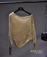 Sequins Inclined Shoulder Off-the-shoulder Sexy Long-sleeved Knitted T-shirt Short Version Sets Bright Gold Silk Blouse Fall