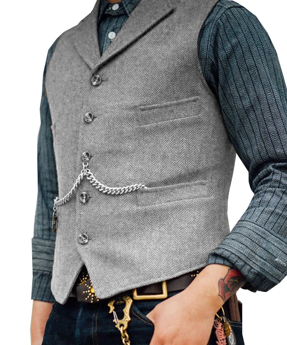 Business Mens Suit Vest Lapel V Neck Wool Herringbone Casual Brown Waistcoat Casual Formal Groomsman Jacket For Wedding