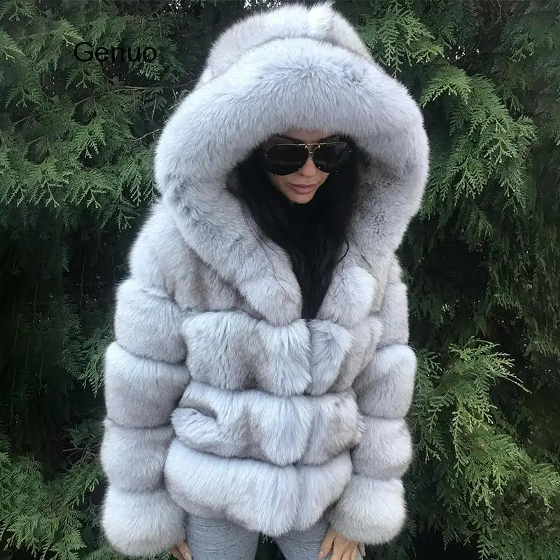 Luxury Faux Fox Fur Coat Women Short Winter Jacket with Big Fur Hood Thick Warm Overcoat 2020 New Fashion Flurry Fake Fur Coats