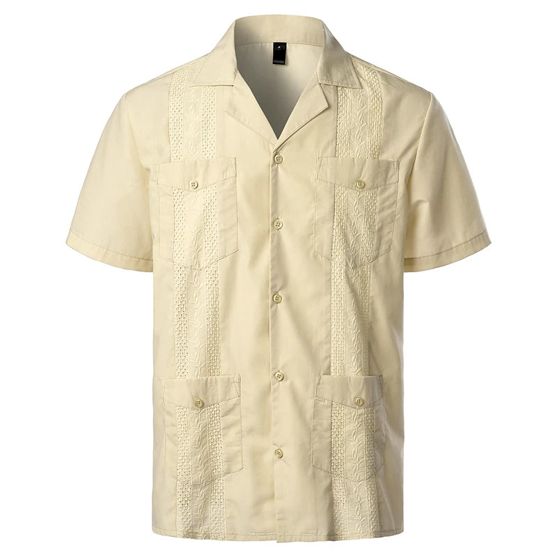 Men's Traditional Cuban Camp Collar Guayabera Shirt Short Sleeve Embroidered Mexican Caribbean Style Beach Shirt with 4 Pocket