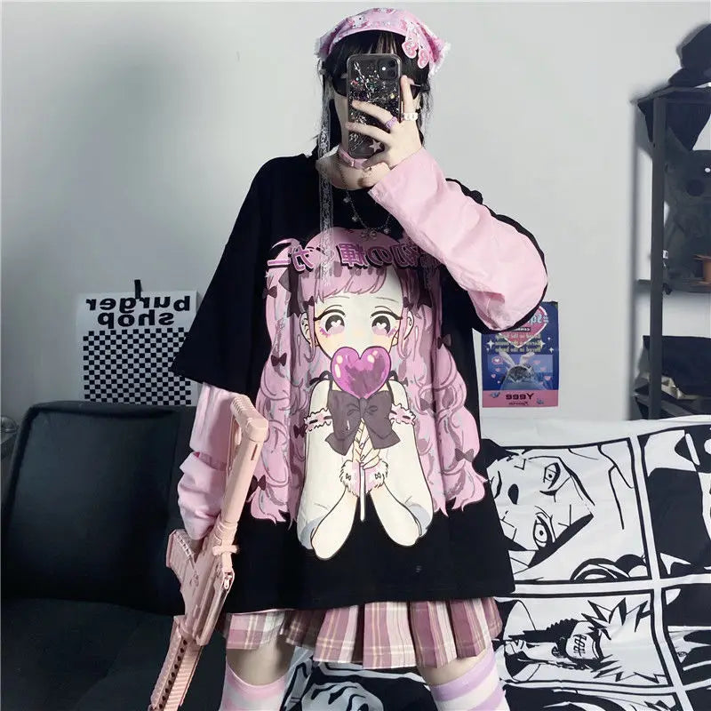 Autumn woman tshirts Japanese ins cute anime printing harajuku loose fake two-piece long-sleeved aesthetic female t-shirt top