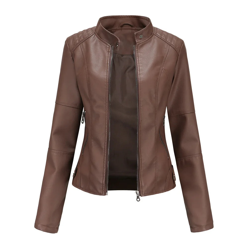 Spring / Autumn New Style Gules Leather Jacket Women's Fashionable Trim Motorcycle Women Coat Black Purple Brown S-4XL