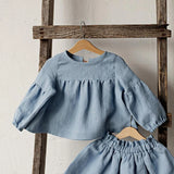 Chic Back Bow Tie Linen Shirt Girls New Solid Color Casual Loose Baby Kids Long-Sleeved Blouse Autumn Clothes